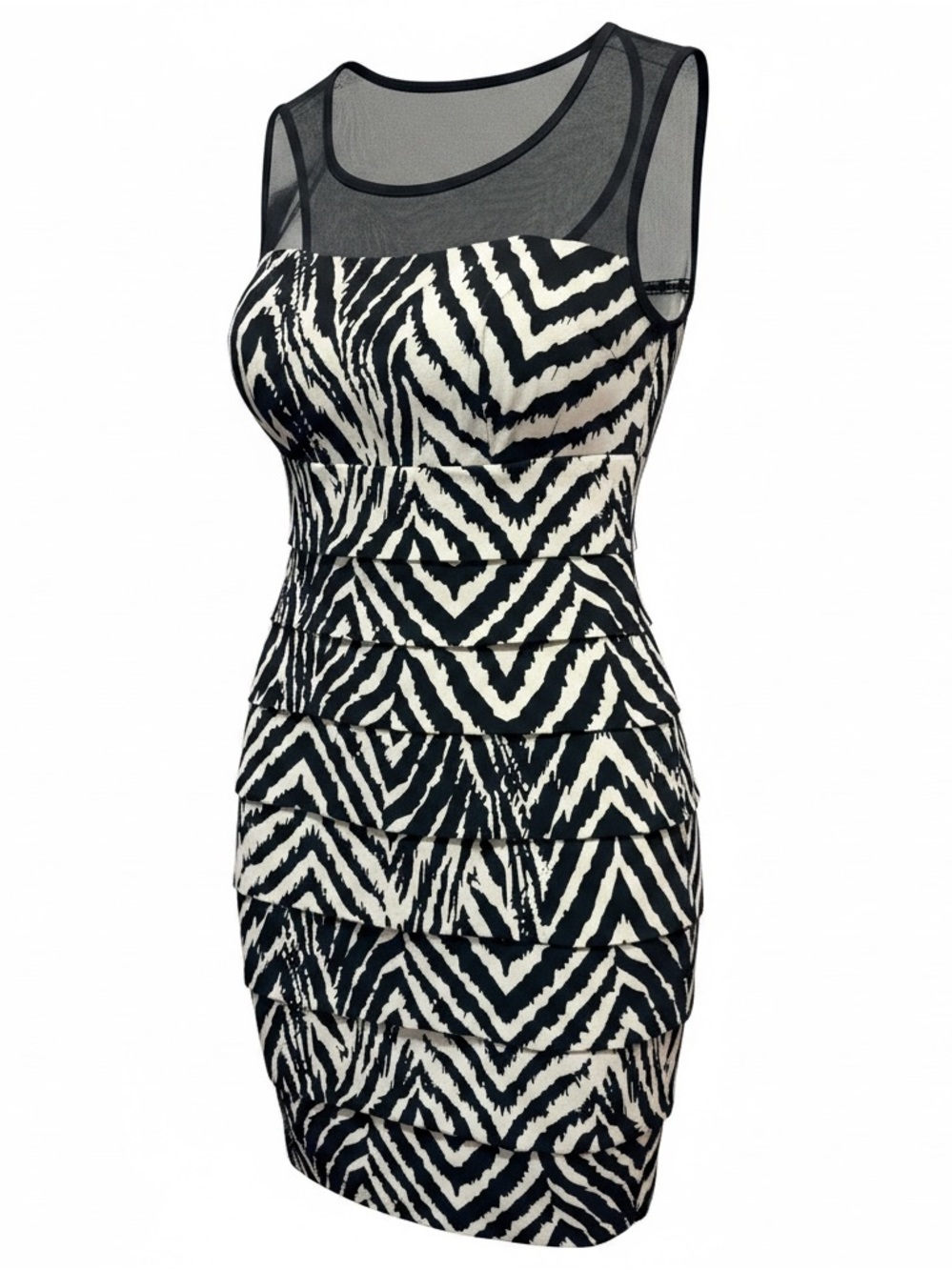 En Focus Sleeveless Black & White Zebra Print Tiered Dress - Size 6